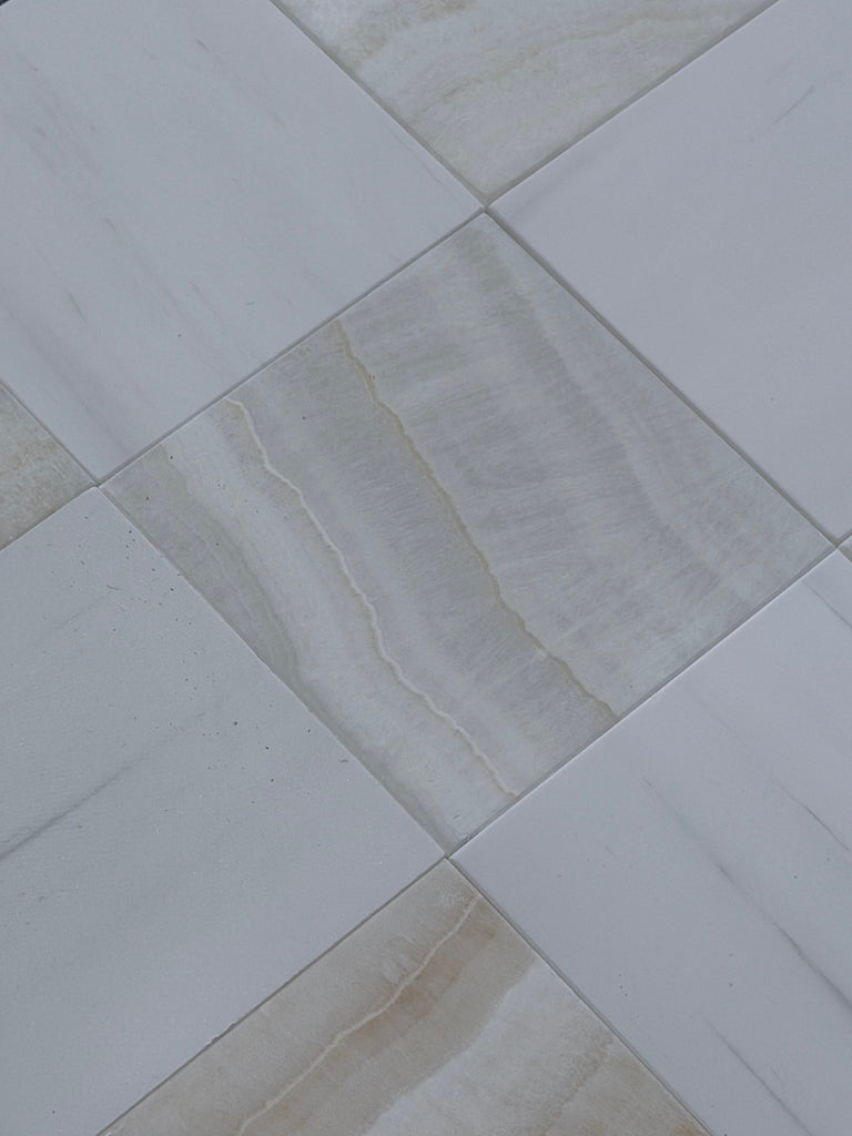 Polished Checkerboard White Onyx Bianco Dolomite marble tiles in diagonal pattern