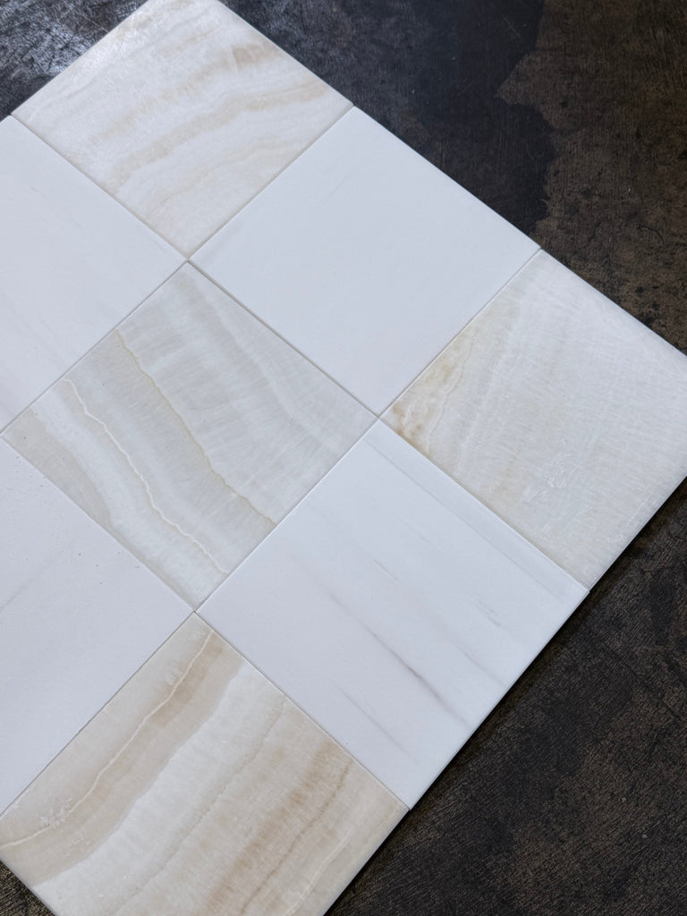 Polished Checkerboard White Onyx Bianco Dolomite marble-effect tiles