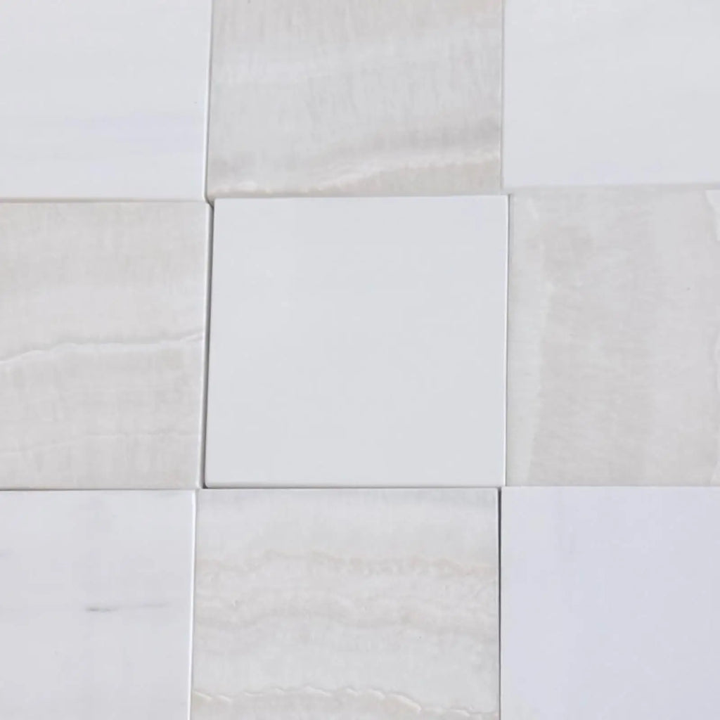 Polished Checkerboard White Onyx and Bianco Dolomite tiles with subtle veining