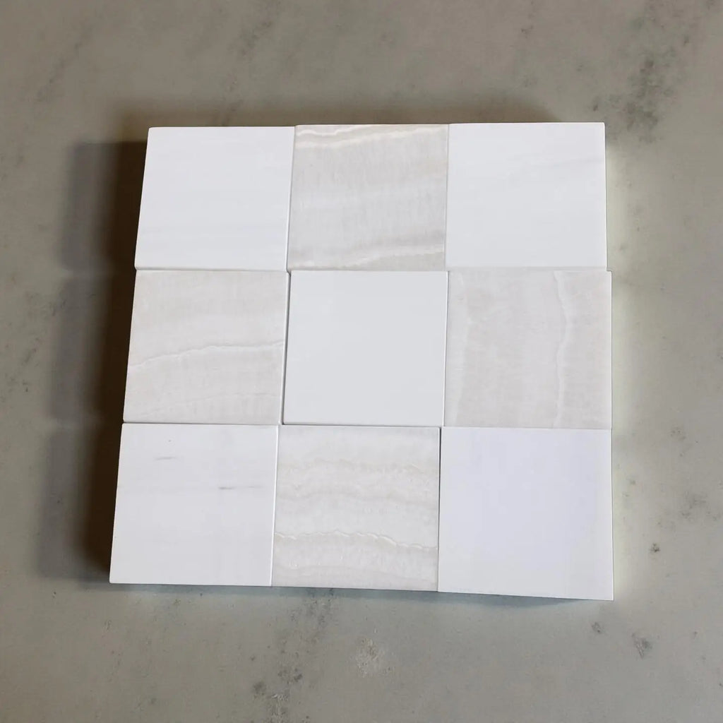 Checkerboard White Onyx and Bianco Dolomite polished tiles with white and beige squares