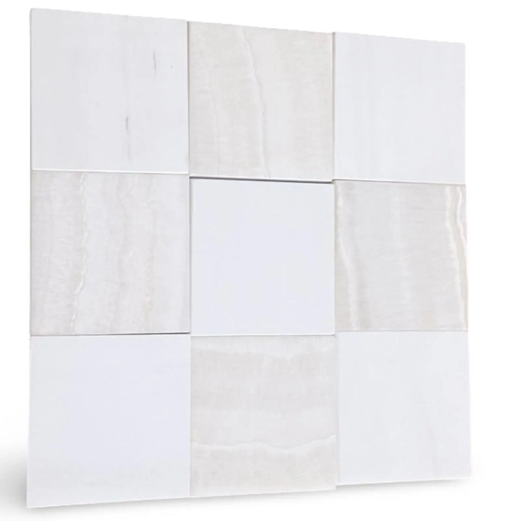 Polished Checkerboard White Onyx and Bianco Dolomite tile grid with varying shades and veining