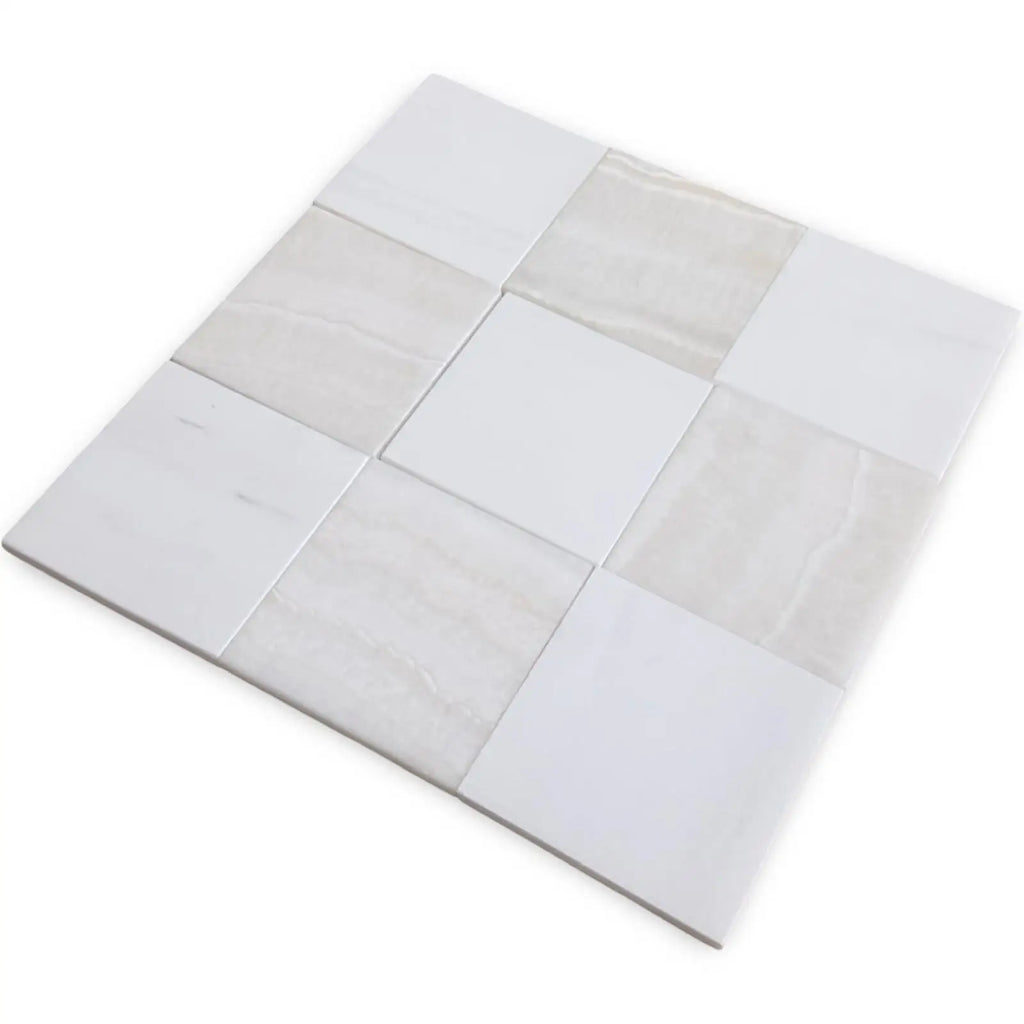 Checkerboard White Onyx and Bianco Dolomite polished tiles with alternating white and beige squares