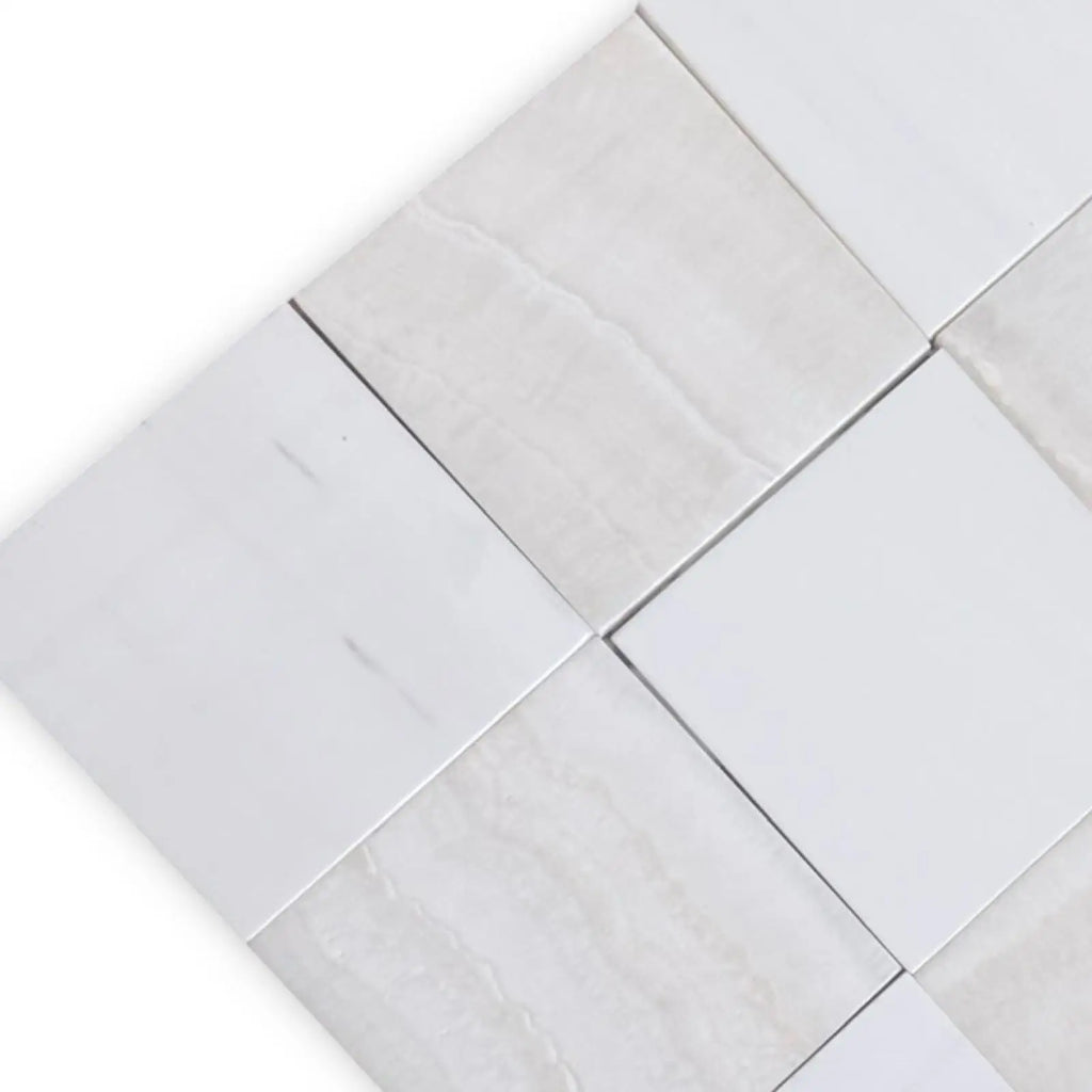 Polished white and light gray marble tile mosaic from Checkerboard White Onyx and Bianco Dolomite collection