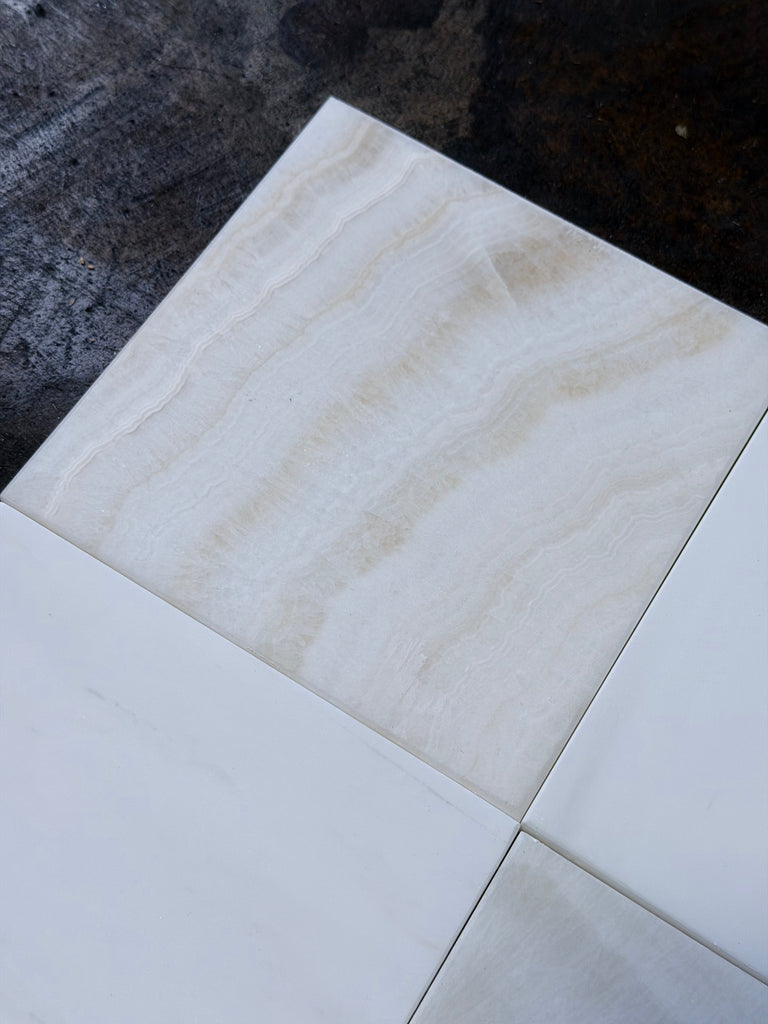 Polished Checkerboard White Onyx tile with subtle beige veining