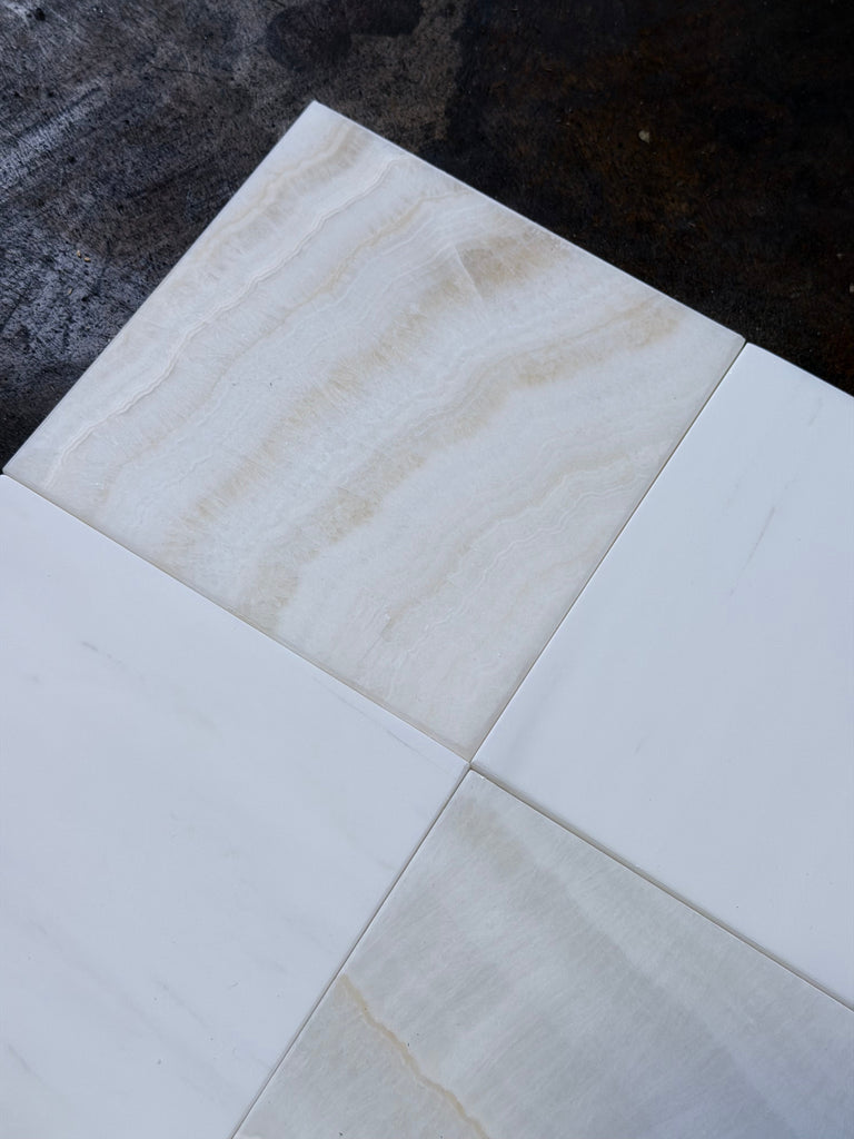 Polished Checkerboard White Onyx Bianco Dolomite tile with white marble and beige veining