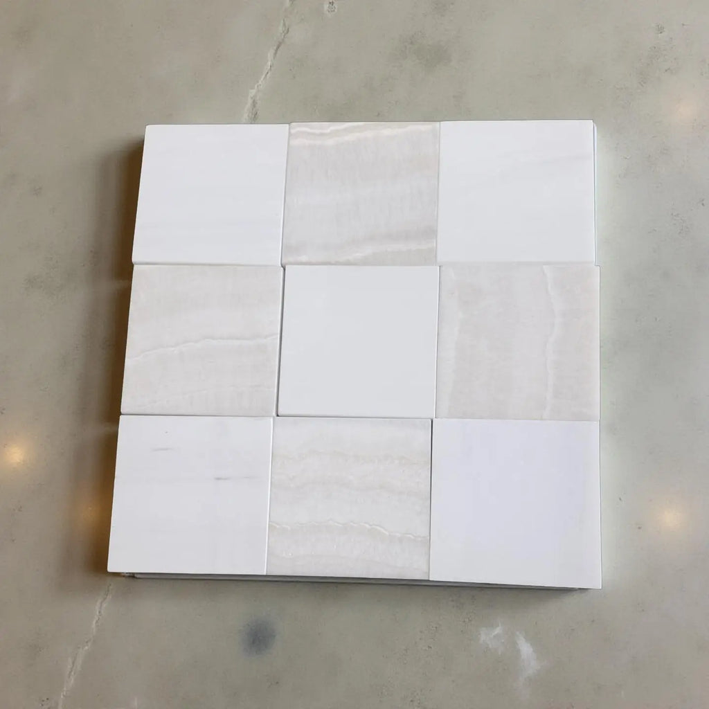 Polished Checkerboard White Onyx and Bianco Dolomite tiles with white and beige squares