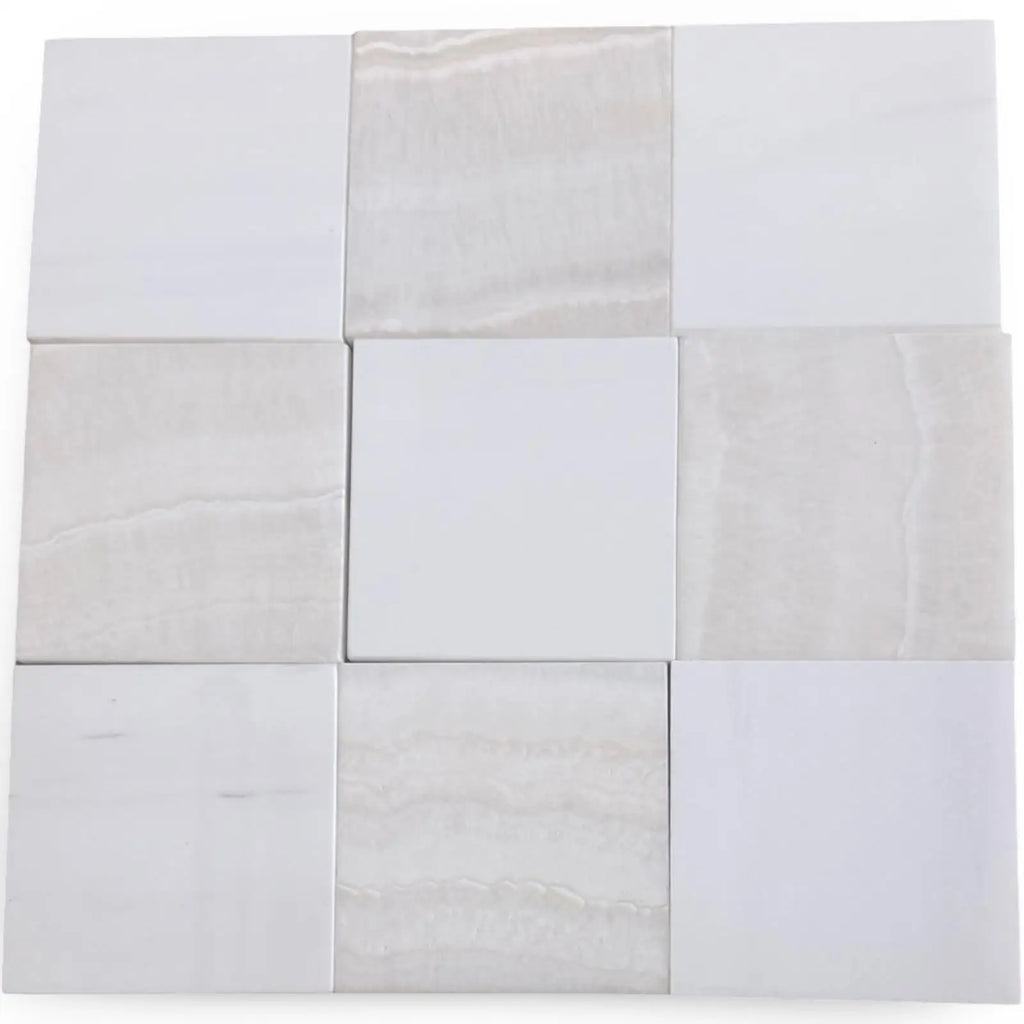 Nine white and light grey polished tiles with subtle veining in a checkerboard pattern