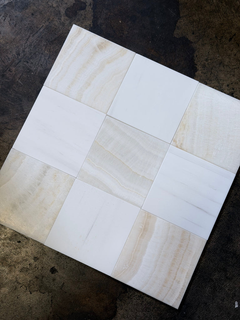 Polished Checkerboard White Onyx Bianco Dolomite Tile Grid
