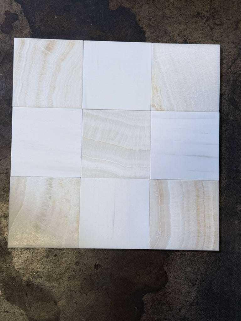Checkerboard White Onyx Bianco Dolomite Tile Polished 3x3 grid
