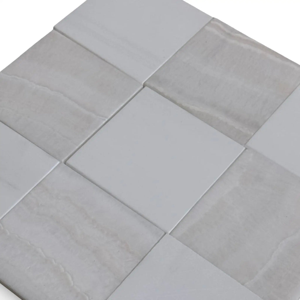 Polished Checkerboard White Onyx and Bianco Dolomite tile with light gray and white squares