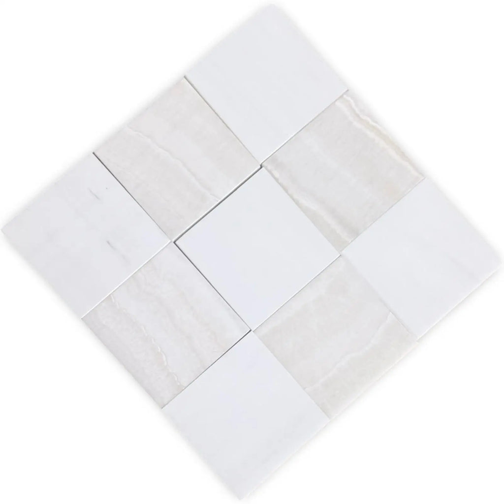 Polished Checkerboard White Onyx and Bianco Dolomite tiles with diagonal pattern