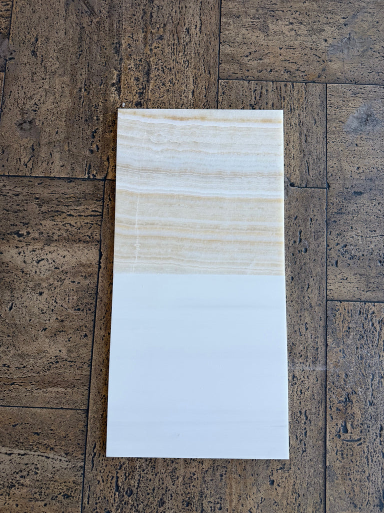 Polished Checkerboard White Onyx Bianco Dolomite tile with beige veining to pale blue