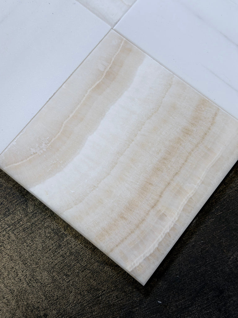 Polished Checkerboard White Onyx tile with subtle beige veining