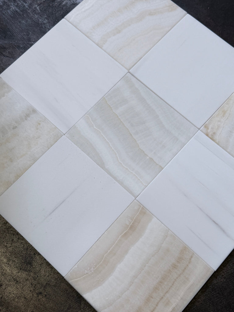 Polished Checkerboard White Onyx Bianco Dolomite marble-effect tiles