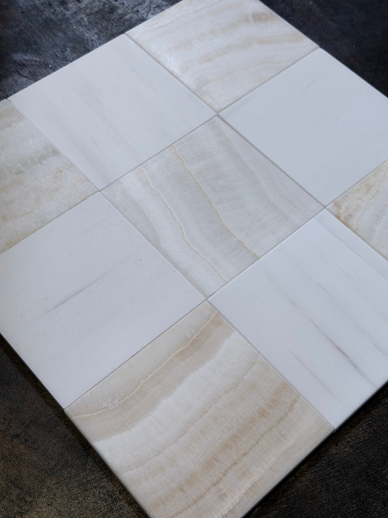 Polished Checkerboard White Onyx Bianco Dolomite tile with marble grid