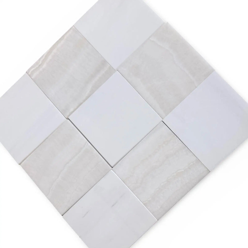 Polished Checkerboard White Onyx and Bianco Dolomite square tiles with light gray and white pattern