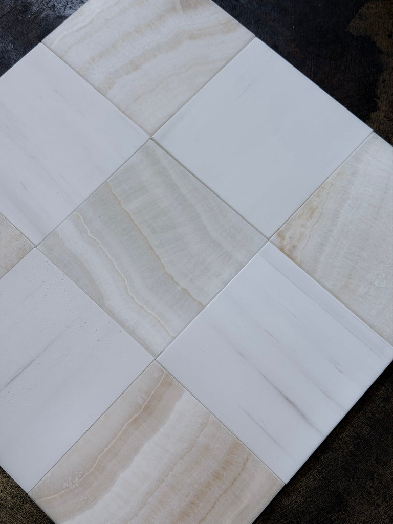 Polished Checkerboard White Onyx Bianco Dolomite tiles with marble veining