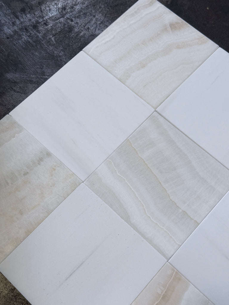 Polished Checkerboard White Onyx Bianco Dolomite Tile with marble pattern