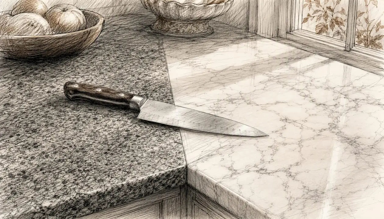 Knife blade close to granite and marble countertop surfaces