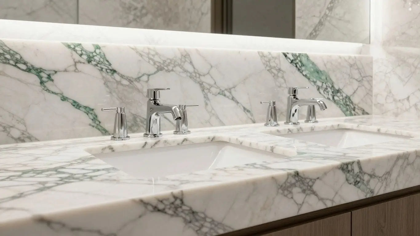 Calacatta Oliva marble vanity in a bathroom sketch.