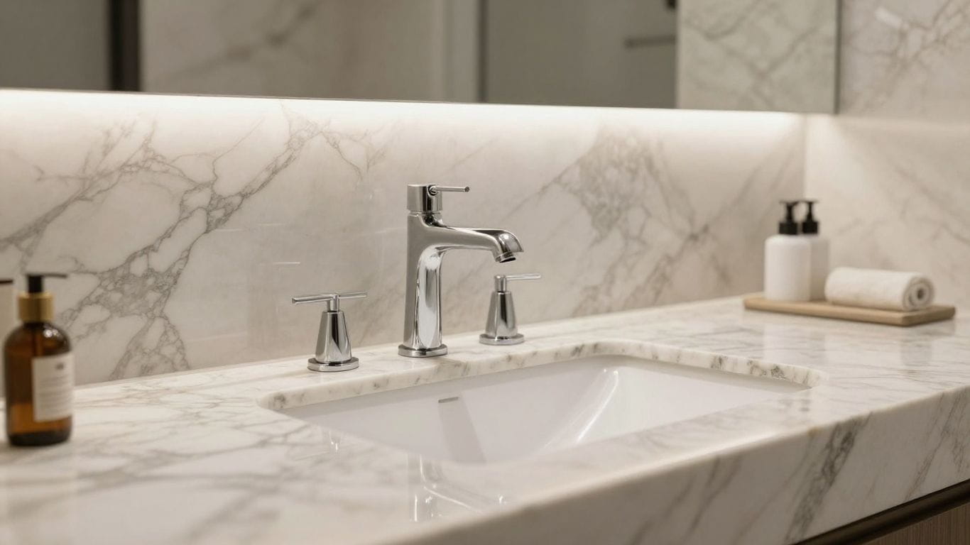 Elegant natural stone countertop in a modern bathroom sketch.