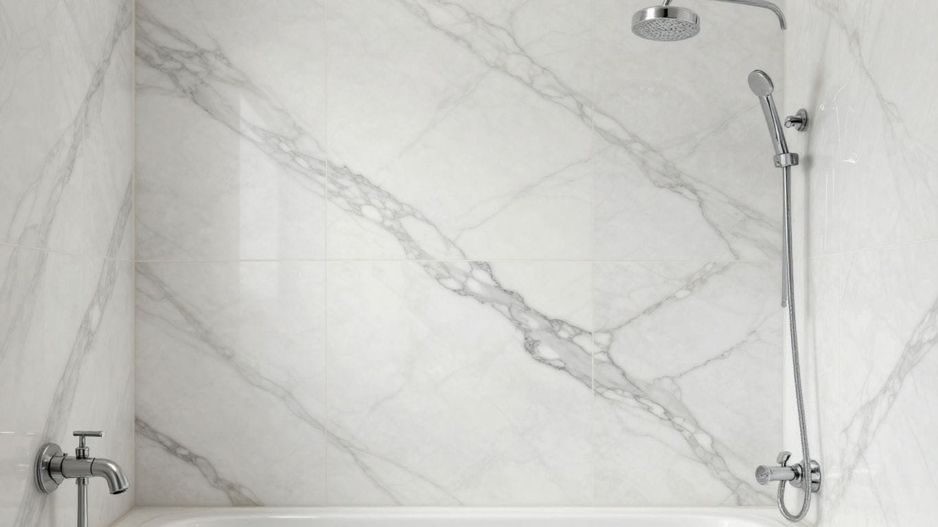 Statuario marble shower tiles with dramatic veining.