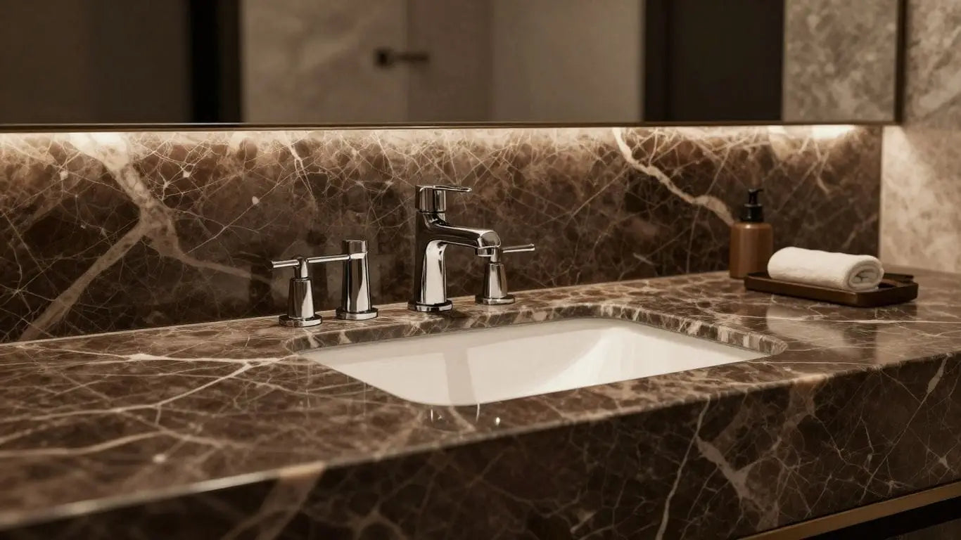 Emperador Dark marble vanity countertop in a bathroom.