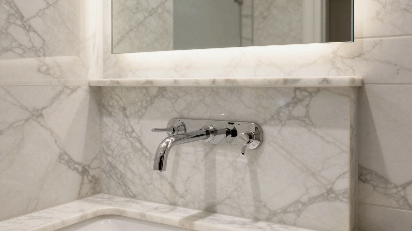 Elegant marble backsplash in a luxury bathroom renovation.