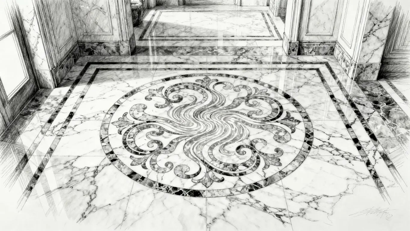 Intricate waterjet marble mosaic detail