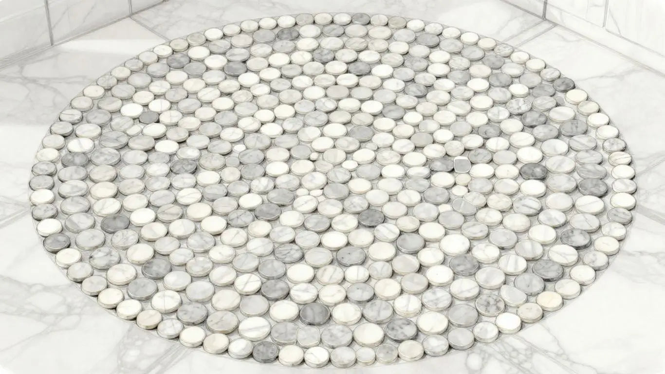Penny round marble mosaic bathroom floor design sketch.