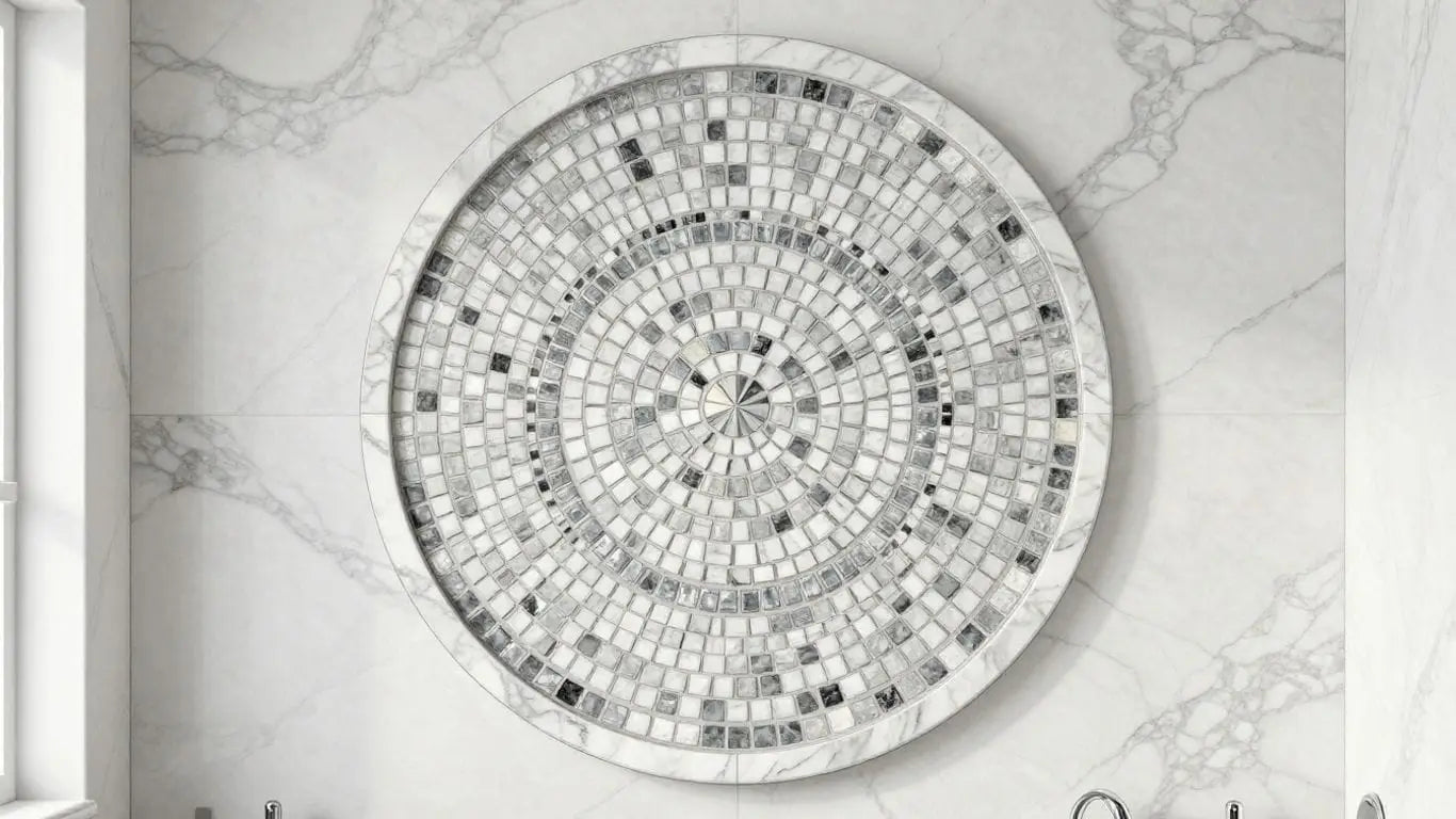 Penny round marble mosaic bathroom wall design sketch.
