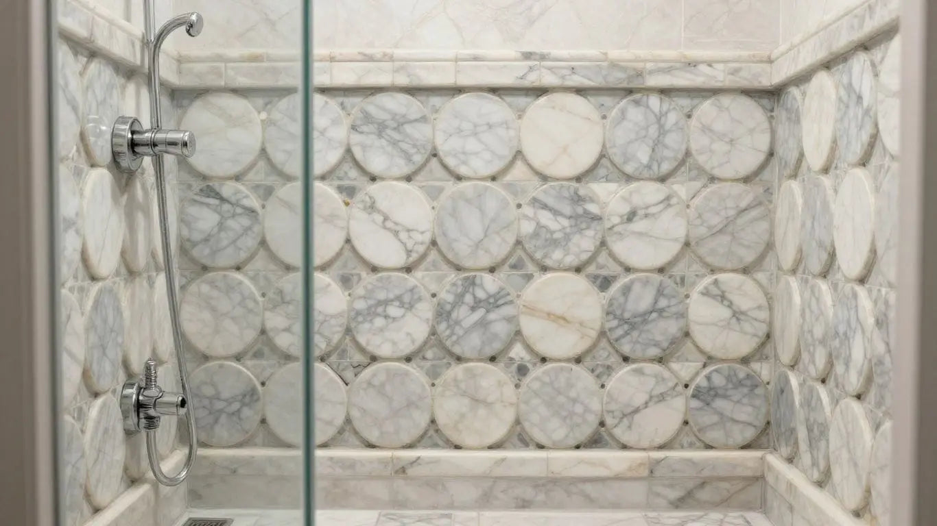 Penny round marble mosaic bathroom design sketch.
