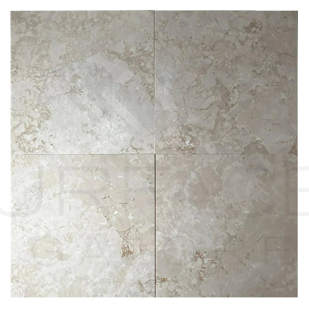 Four Classic Beige Bottocino Marble tiles showcasing polished finish and dimensions 24X24