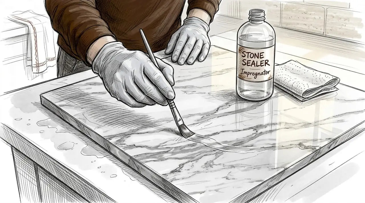 Closeup of hands applying marble sealer