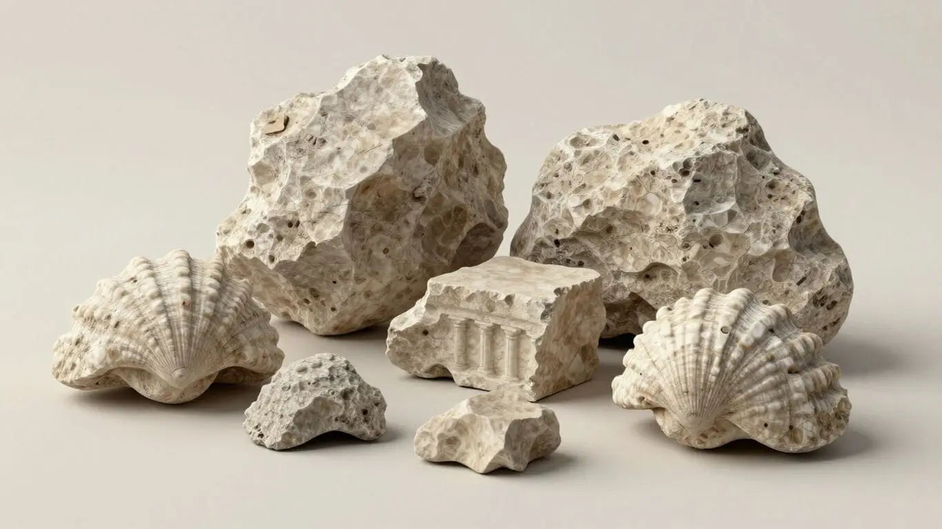 Fragmentos de concha de piedra caliza en formas artísticas y de construcción.