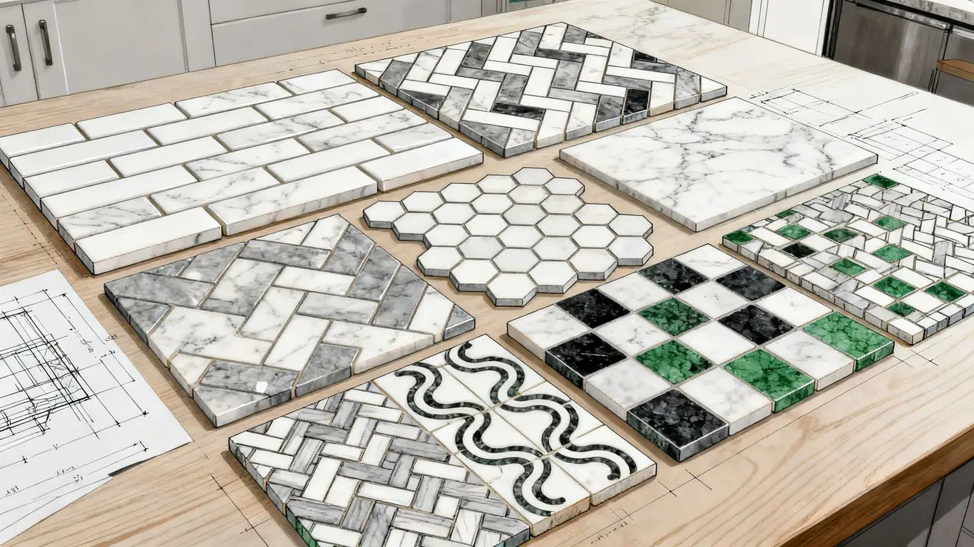 Marble mosaic backsplash patterns in a design studio