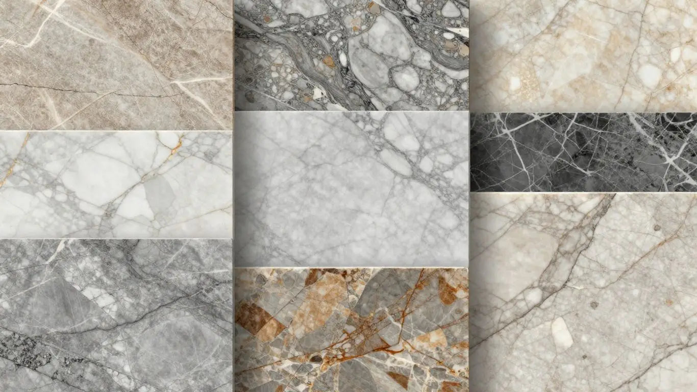 Marble slabs with varied veining patterns and textures.