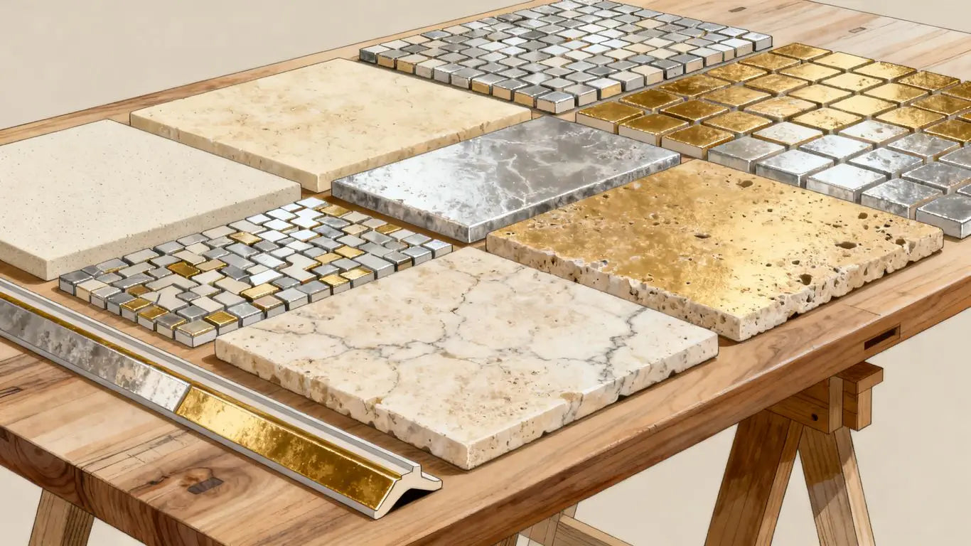 Travertine tile samples in ivory noce and silver