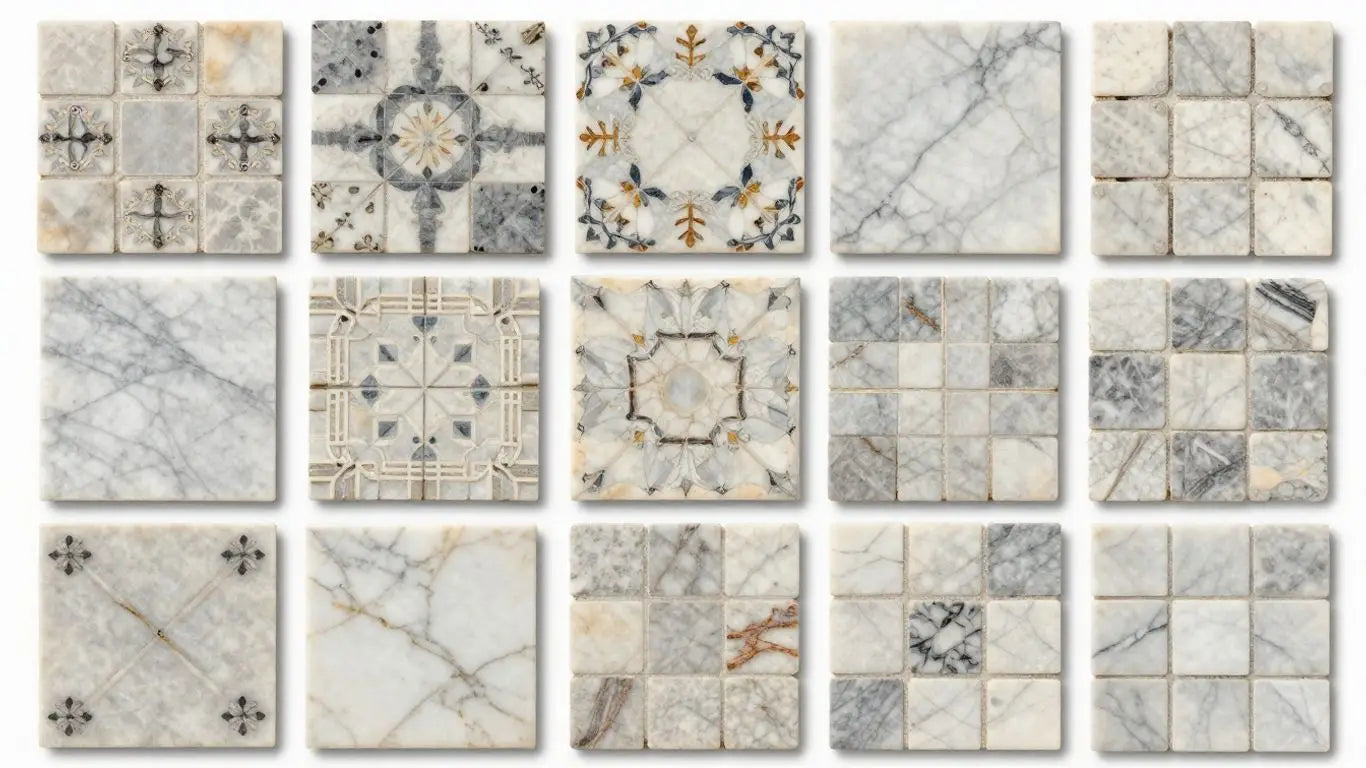 Marble mosaic tiles from Surfaces Galore collection.