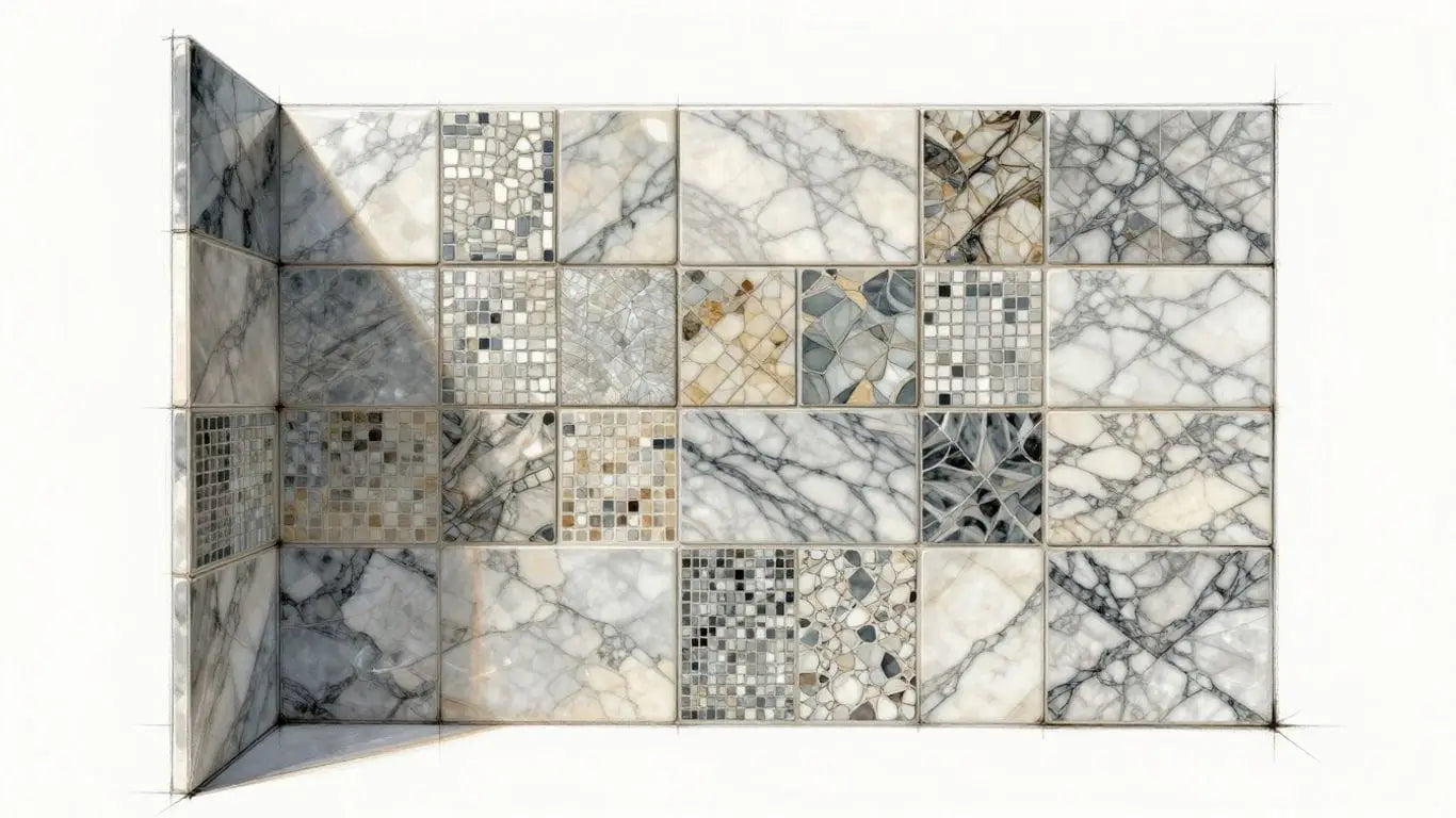 Marble mosaic tiles on a bathroom wall
