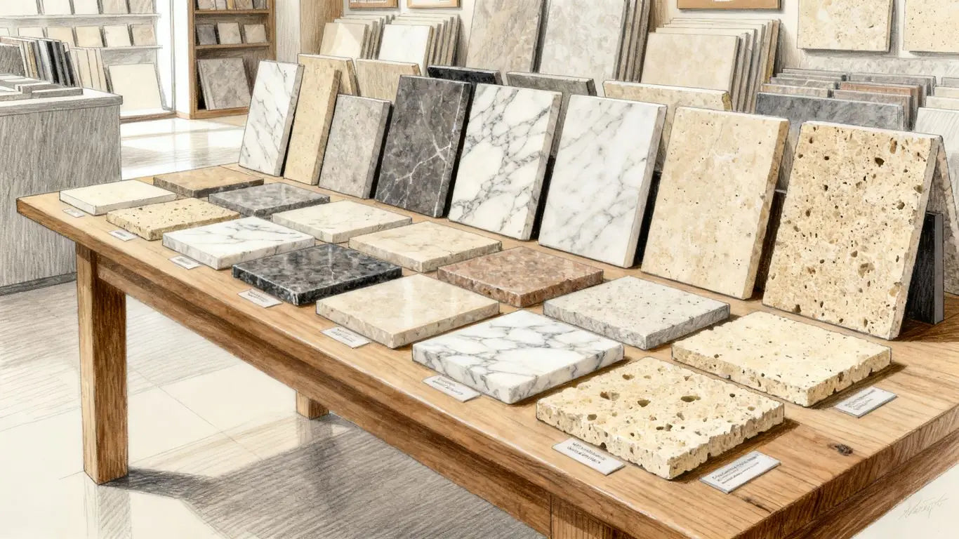 A clean showroom display of marble and travertine samples