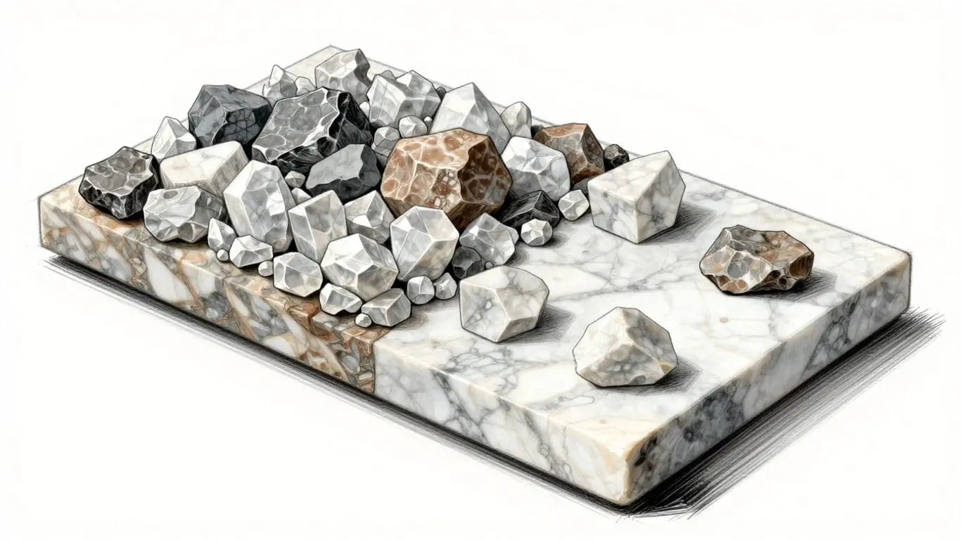Sketch of marble formation and fabrication process.