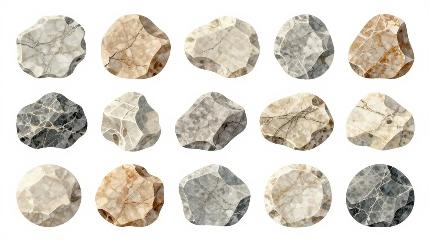 Diverse marble slab patterns and textures sketch.