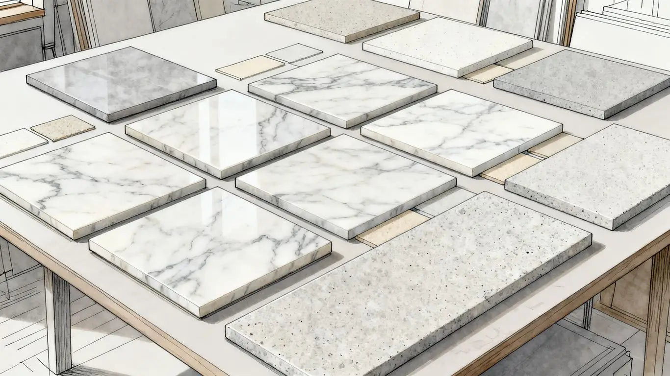 Carrara marble tile samples in varied sizes and finishes