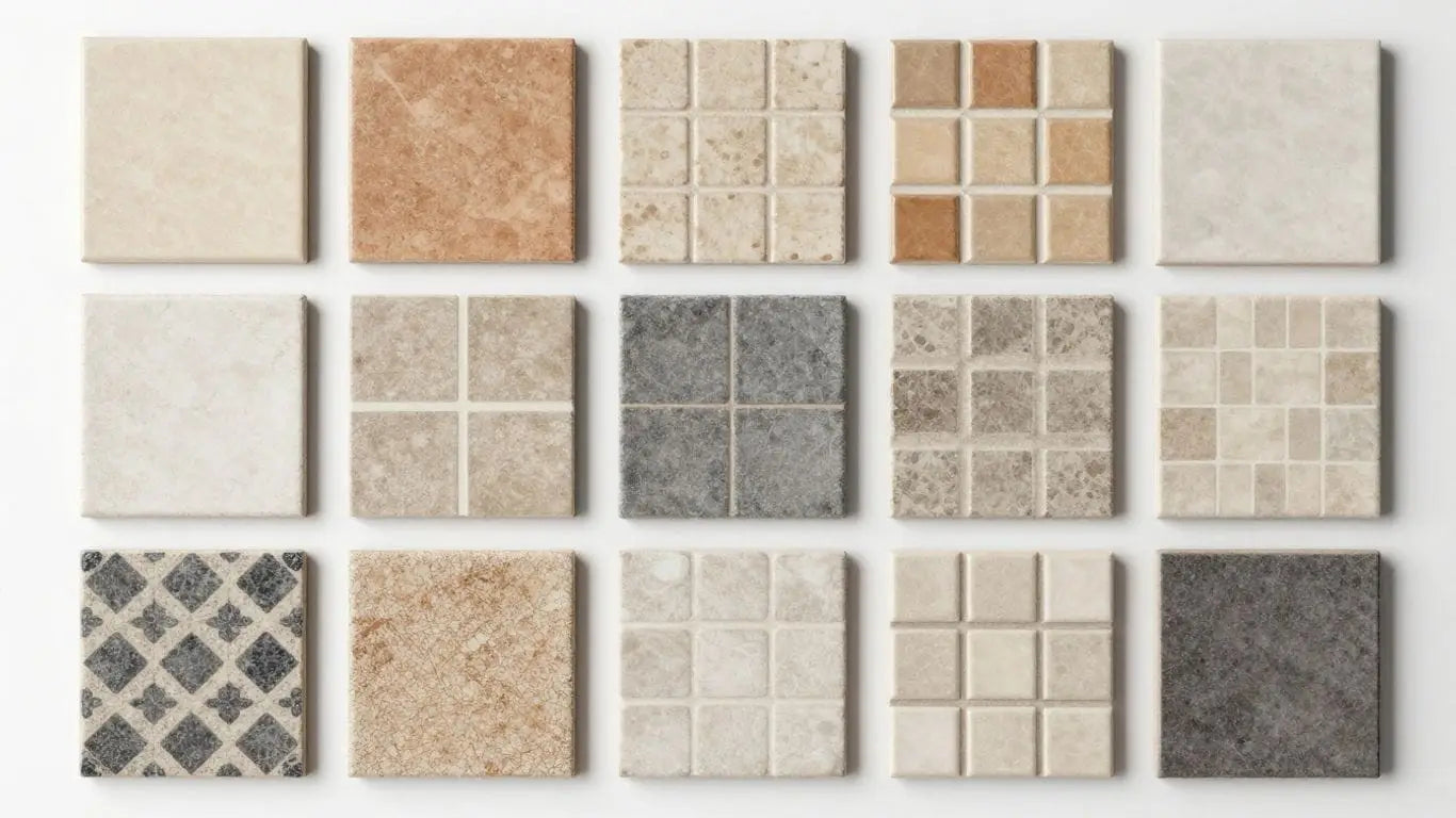 Various tile samples in different colors and textures.