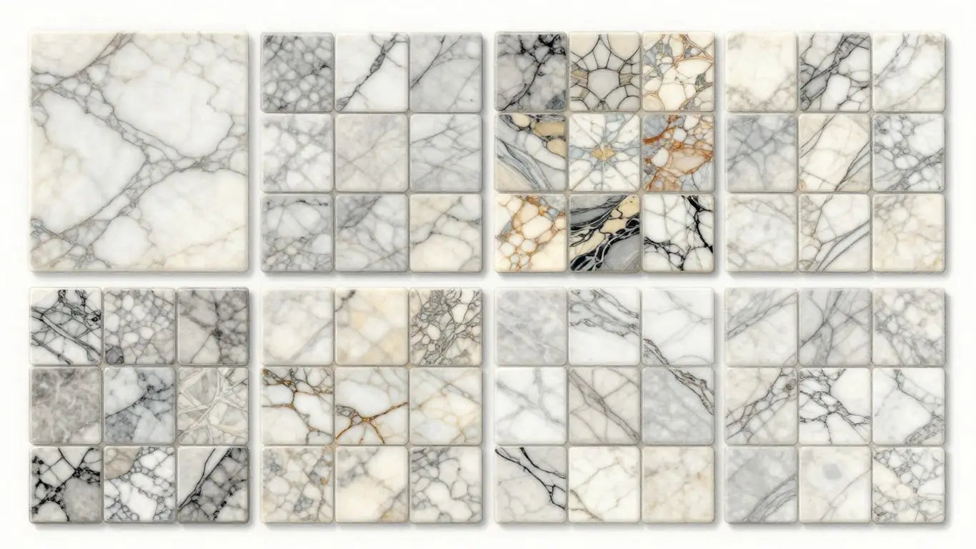 Marble mosaic tiles in various patterns and colors.