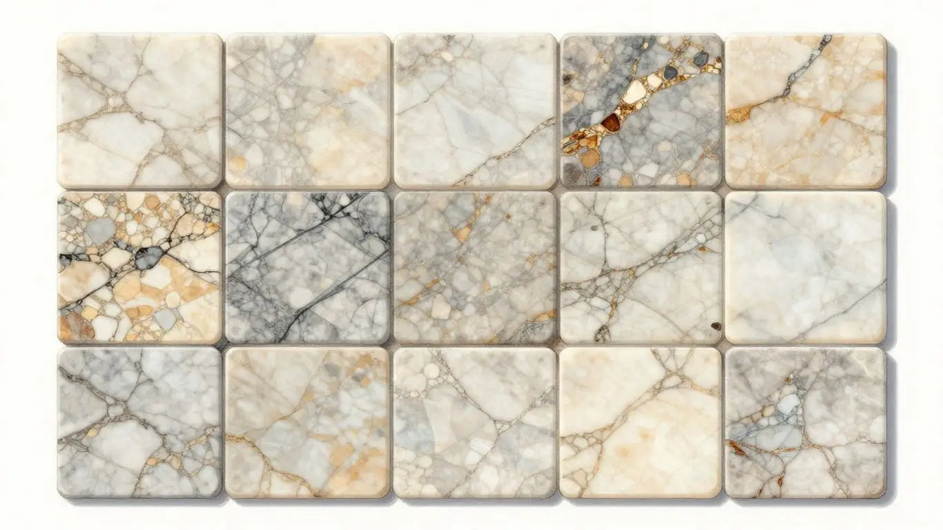 Marble mosaic tiles with intricate patterns and veining.