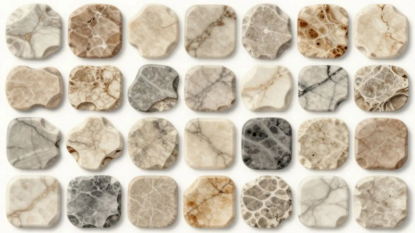Tumbled marble tiles sketch with varied earthy tones.