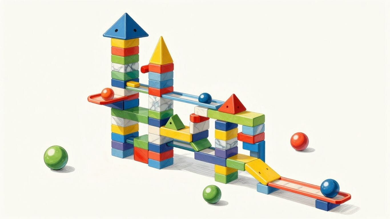 Sketch of magnetic tiles forming a marble run.