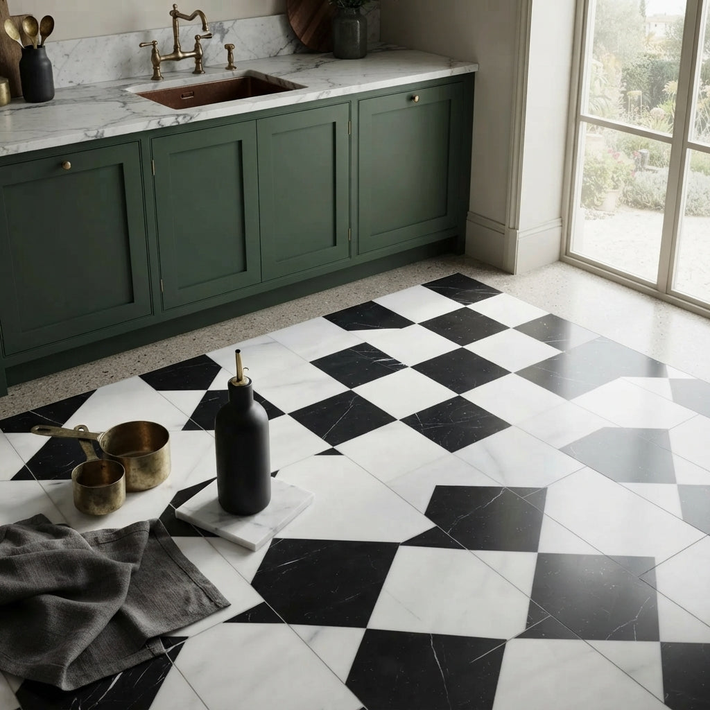 Black and white marble checkered floor tiles como in bianco dolomite 6x12 and nero marquina 6x12 set
